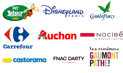 Logos des partenaires : Parc Astérix, Parc Disney, Center Parc, Auchan, Carrefour, Cinéma Gaumont Pathé, Conforama, Fnac Darty, Auchan, Nocibé