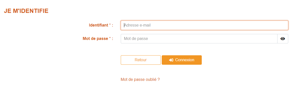 Titre : Je m'identifie. Champs d'identification : Identifiant et mot de passe. Boutons : Retour et Connexion. Lien : Mot de passe oublié